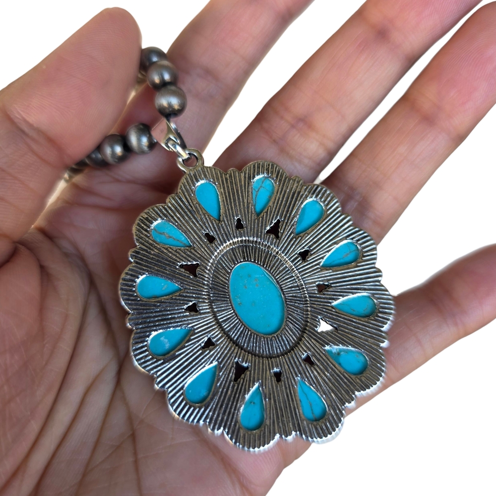 Western Concho Turquoise Boho Pendant Necklace Handmade Double Strand - Picture 4 of 5